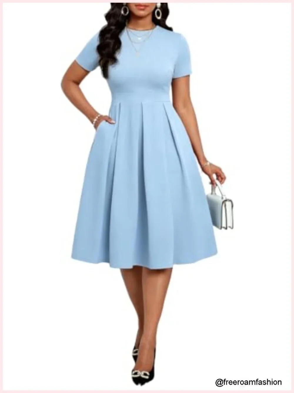Short Sleeve A-Line Midi Dress with Pockets Cocktail Church Evening Midi Dress